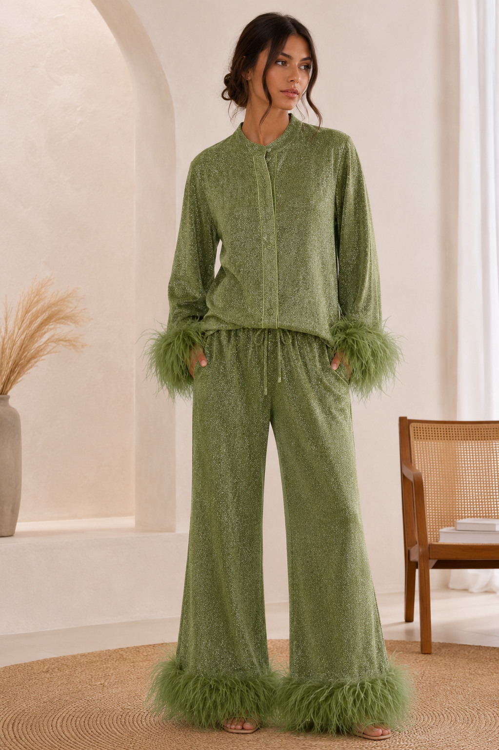 Women's Sequin Co-ord Set with Feather Trim Top and Wide Leg Trousers | Two Piece Evening Party Outfit for Festive Events — photo 6