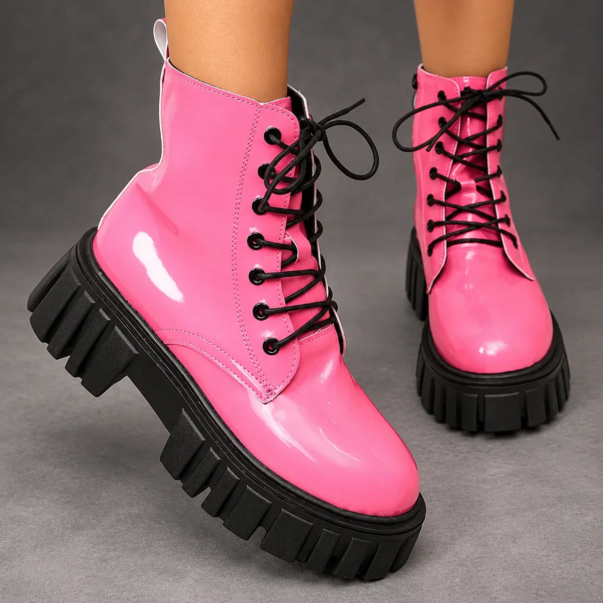 Boots Women - Patent Platform Ankle Boots with Lace-Up — photo 5