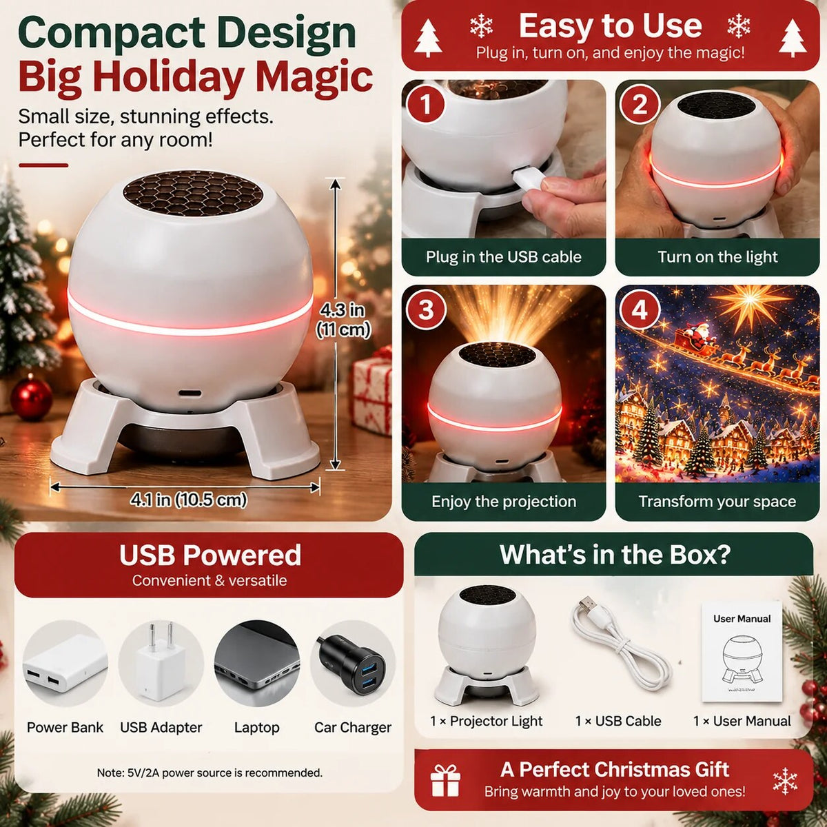 Christmas Projector – Moving Patterns, Compact Design, USB Powered — photo 8