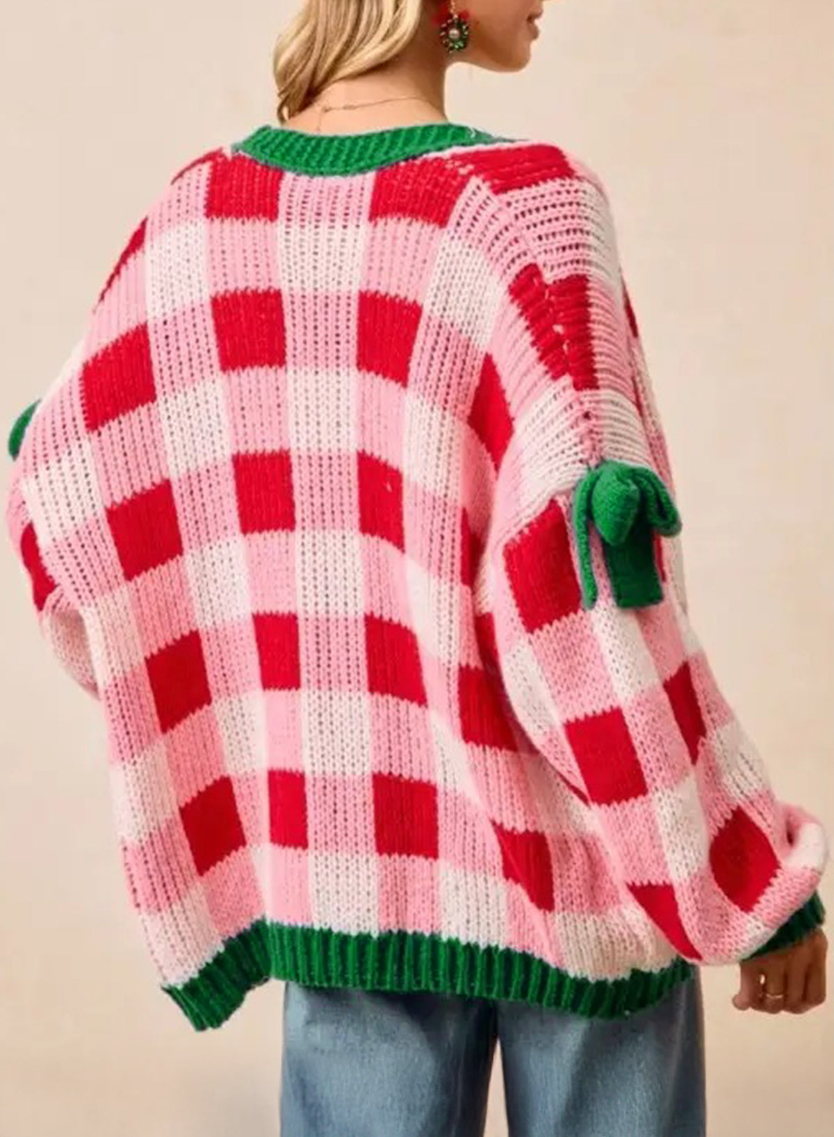 Women's Pink Plaid Christmas Cardigan – Open Front Knit Sweater with Green Trim and Bow Details — photo 6