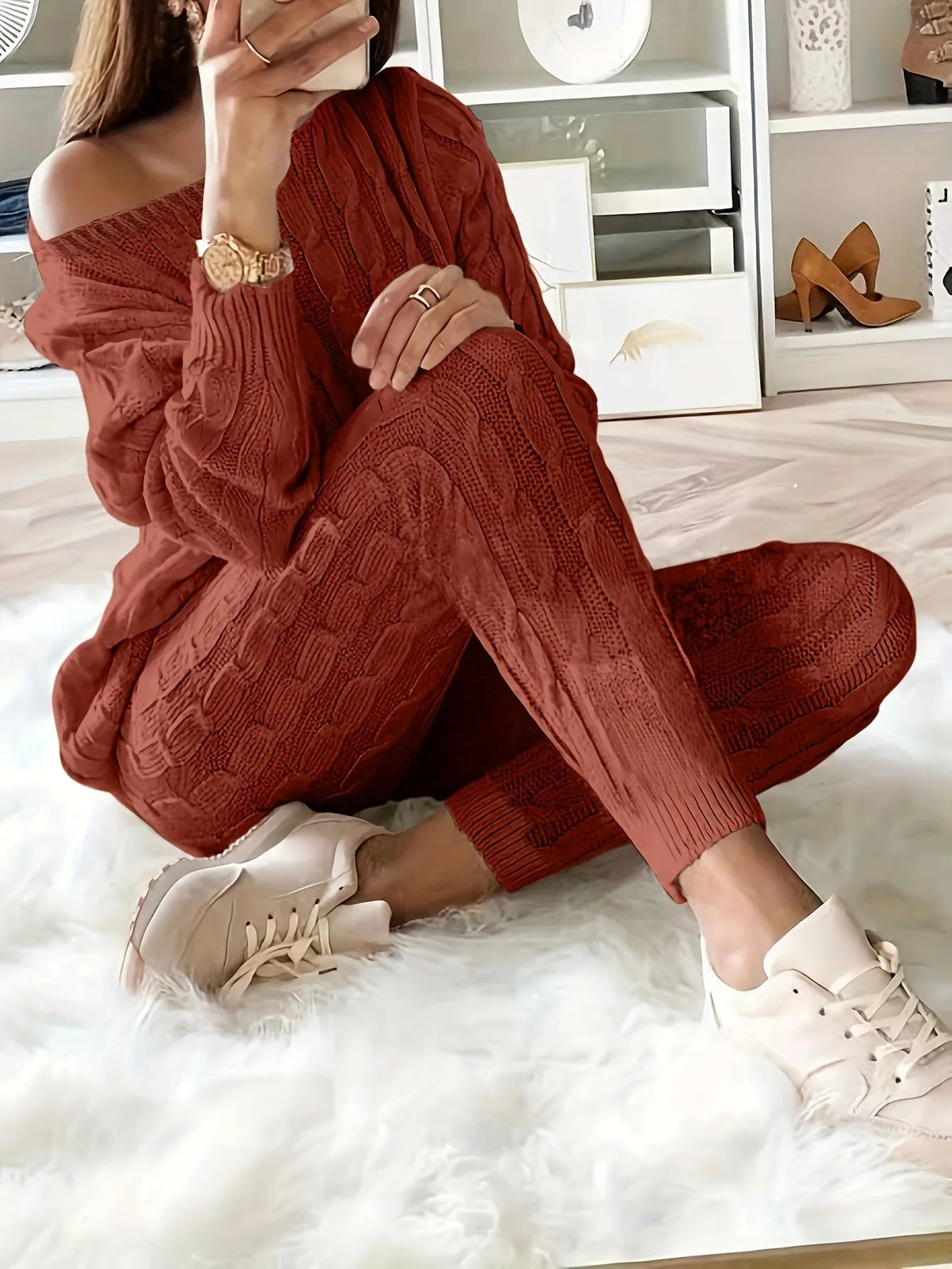 Loungewear Set for Women - Cable Knit Jumper with Off-Shoulder — photo 8