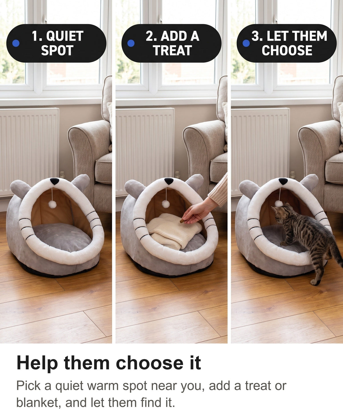 Cat Cave Bed - Cat Igloo Bed with Ears, Cosy Covered Cat Bed — photo 13