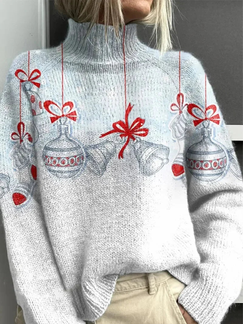 Women's Christmas Turtleneck Sweater - Festive Ornament Print Holiday Jumper - Warm Winter Knitwear for Seasonal Events — photo 1