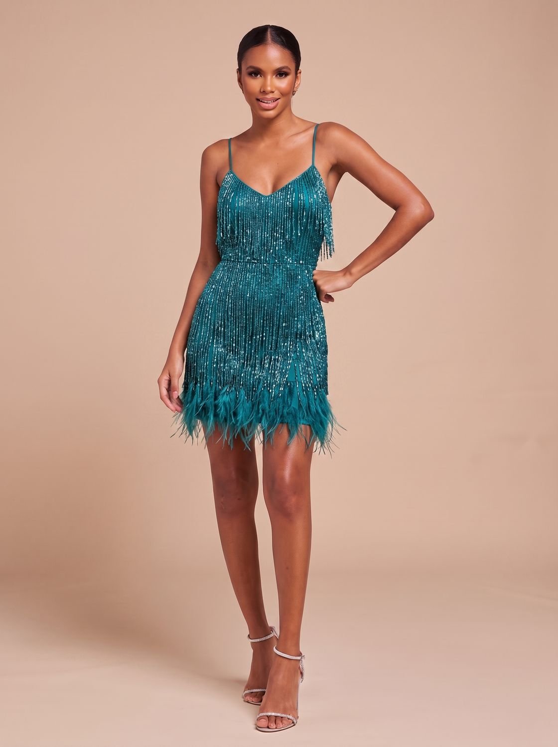 Women's Fringe Mini Dress with Feather Trim Hem | V-Neck Spaghetti Strap Cocktail Party Dress for Holiday and Evening Wear — photo 11