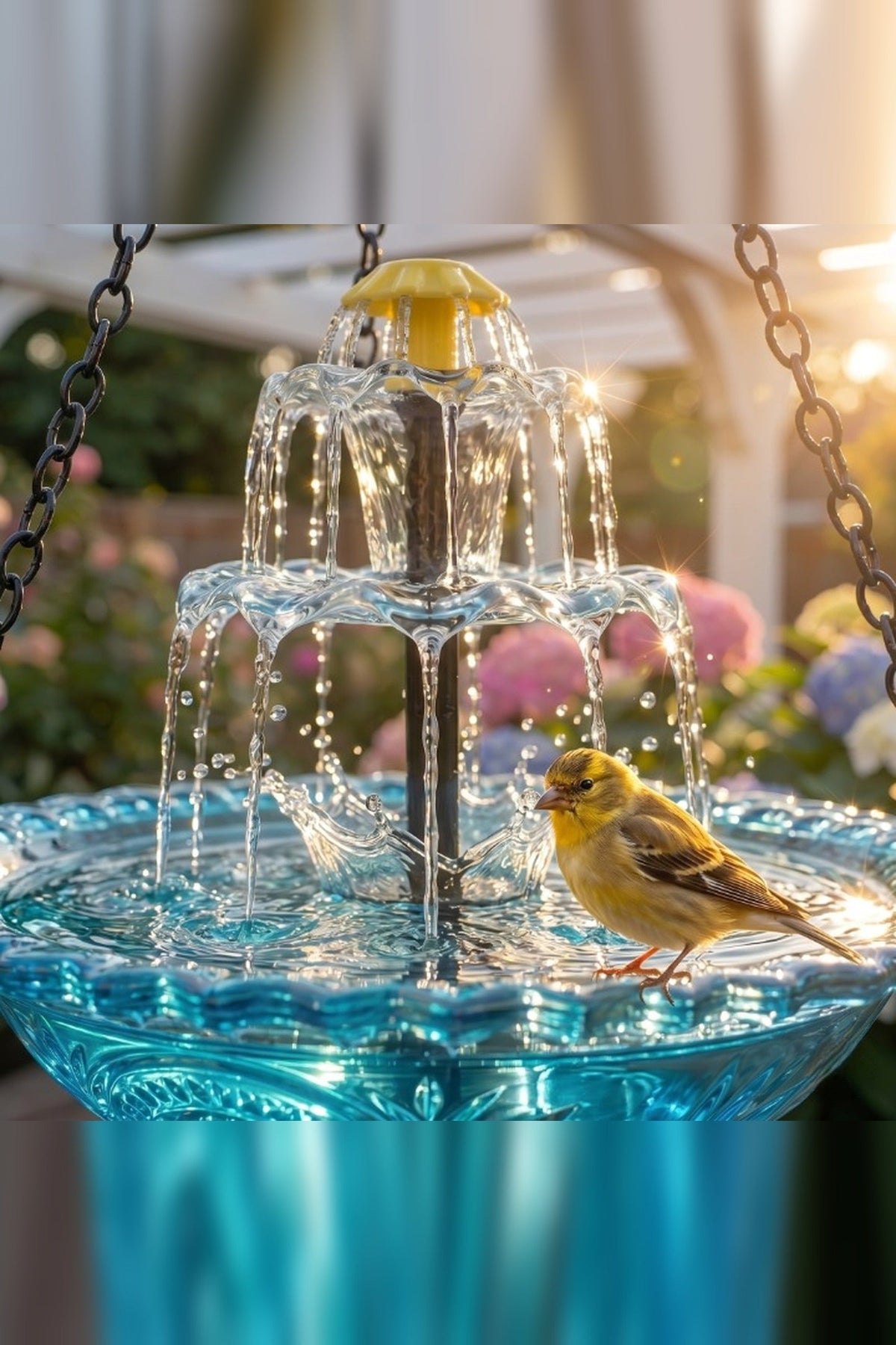Hanging Bird Bath with Solar Fountain – Glass Bowl on a Chain — photo 1