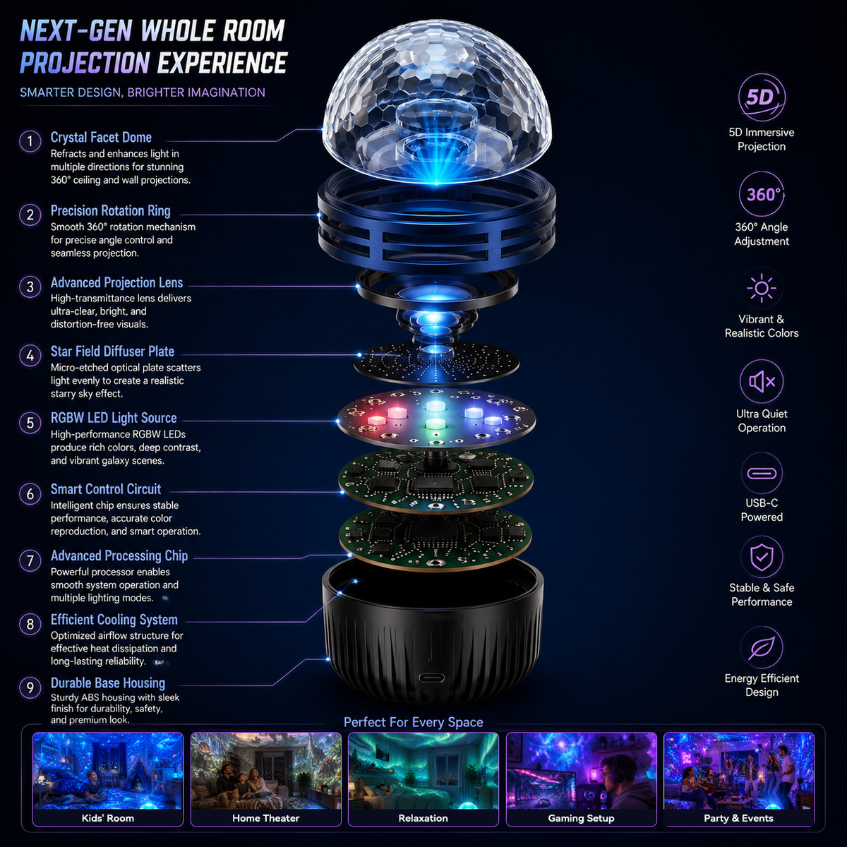 360° Dynamic Galaxy Sky Projector Night Light with Gooseneck and USB Power — photo 9