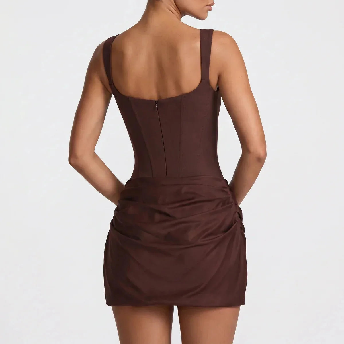 Square Neck Ruched Corset Satin Bodycon Mini Dress — photo 13