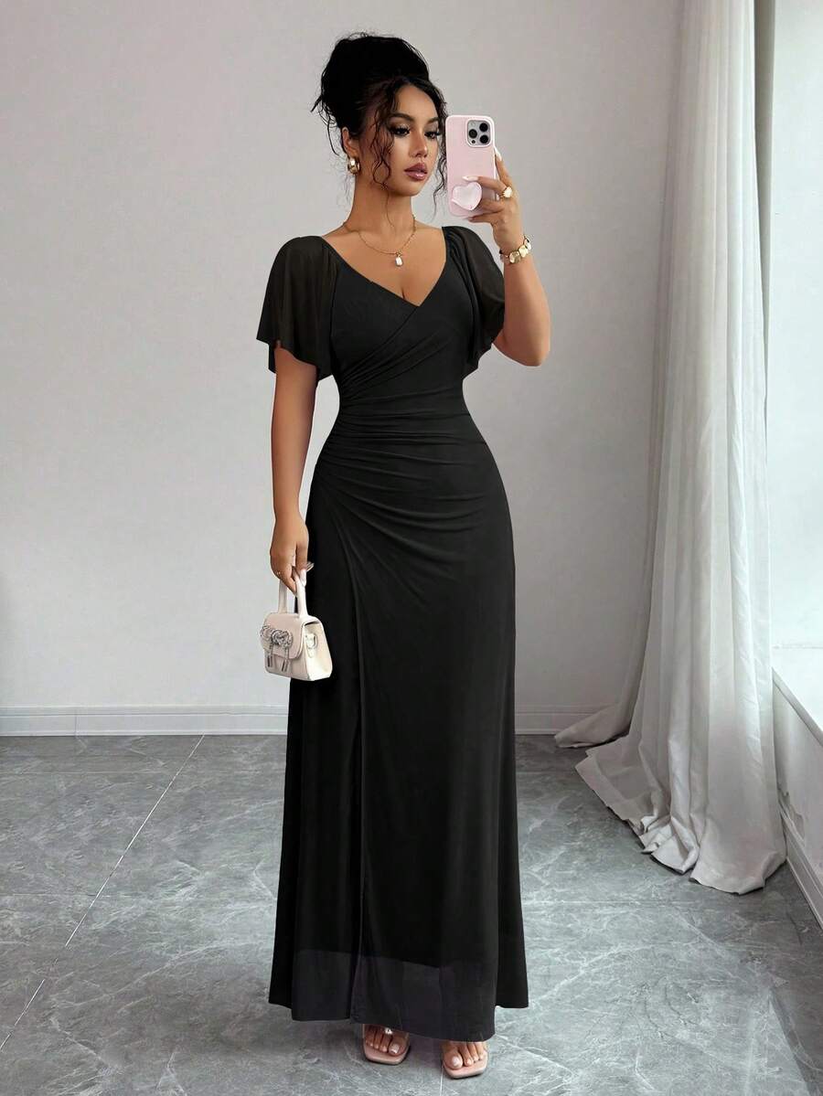 V-Neck Short Sleeve Ruched Wrap Maxi Wedding Guest Dress — photo 25