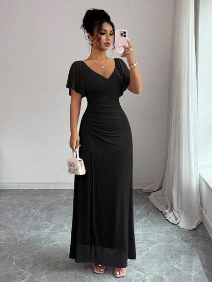 V-Neck Short Sleeve Ruched Wrap Maxi Wedding Guest Dress — photo 25