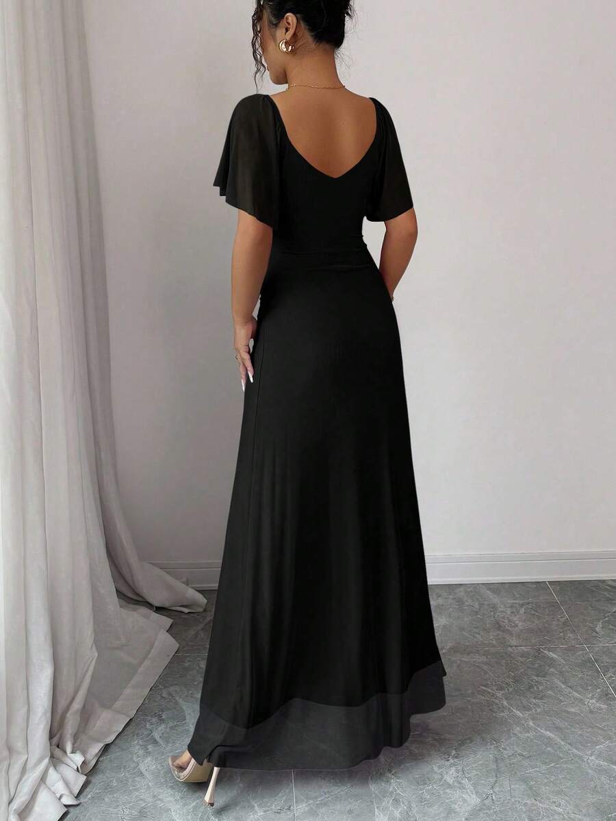 V-Neck Short Sleeve Ruched Wrap Maxi Wedding Guest Dress — photo 26