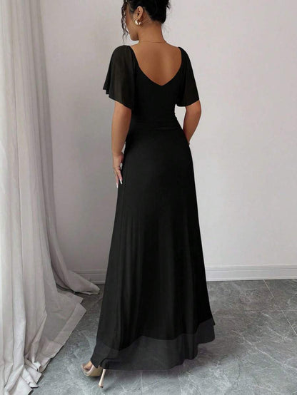 V-Neck Short Sleeve Ruched Wrap Maxi Wedding Guest Dress — photo 26