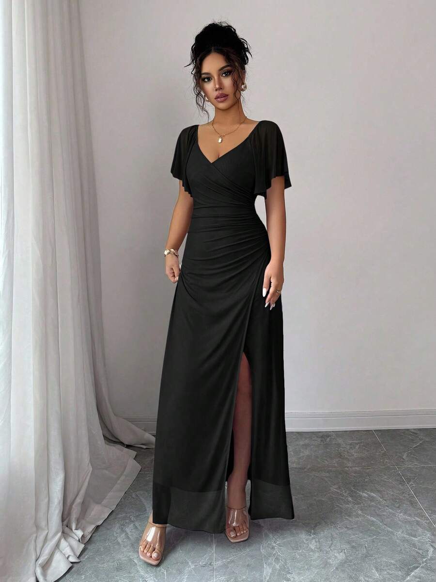 V-Neck Short Sleeve Ruched Wrap Maxi Wedding Guest Dress — photo 27