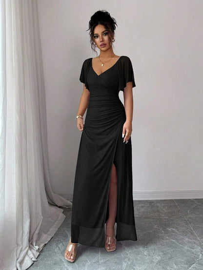 V-Neck Short Sleeve Ruched Wrap Maxi Wedding Guest Dress — photo 27