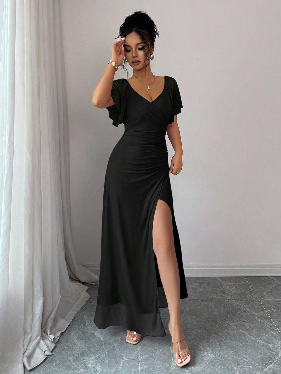 V-Neck Short Sleeve Ruched Wrap Maxi Wedding Guest Dress — photo 28