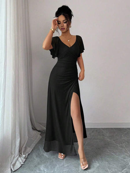 V-Neck Short Sleeve Ruched Wrap Maxi Wedding Guest Dress — photo 28