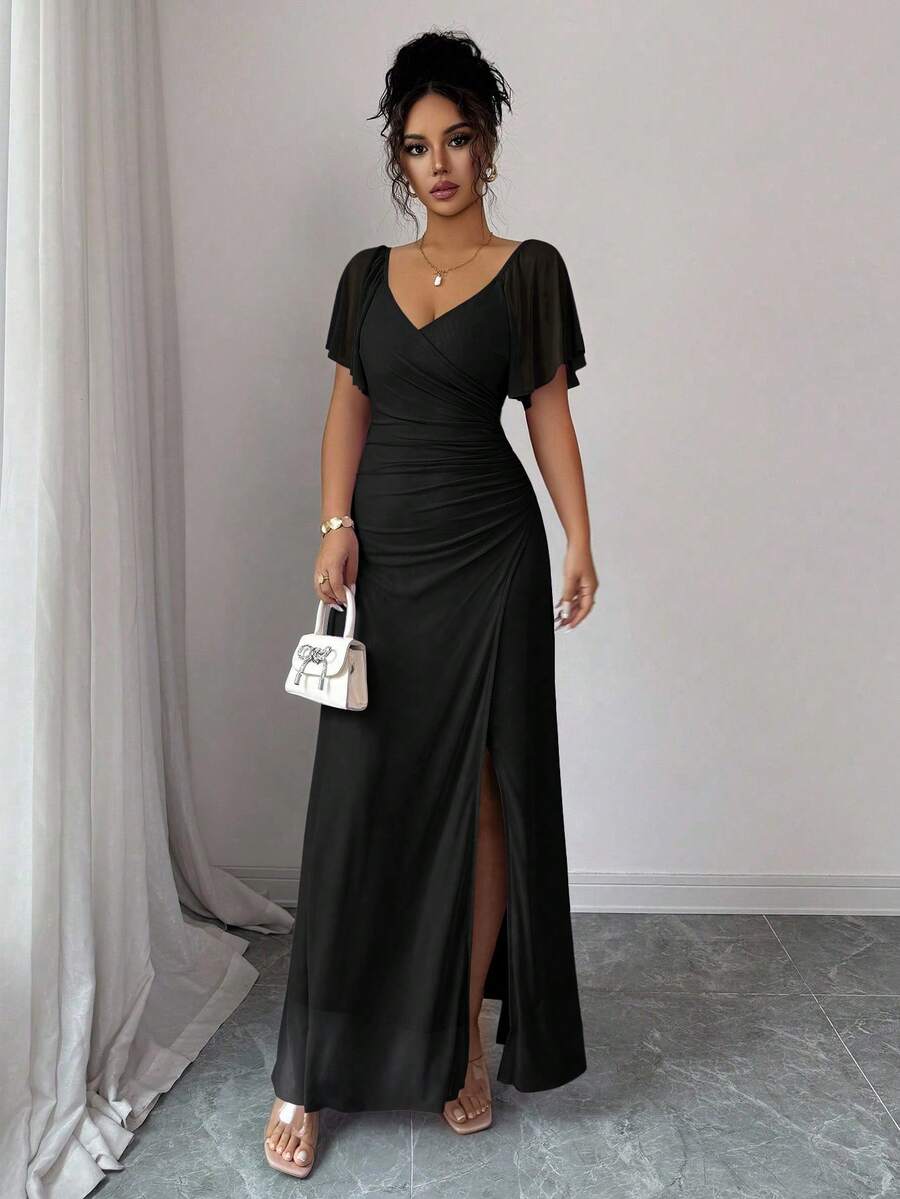 V-Neck Short Sleeve Ruched Wrap Maxi Wedding Guest Dress — photo 29