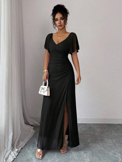 V-Neck Short Sleeve Ruched Wrap Maxi Wedding Guest Dress — photo 29