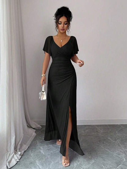 V-Neck Short Sleeve Ruched Wrap Maxi Wedding Guest Dress — photo 30