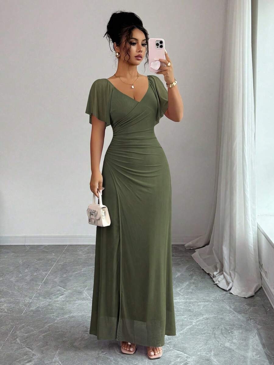 V-Neck Short Sleeve Ruched Wrap Maxi Wedding Guest Dress — photo 19