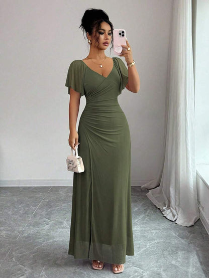V-Neck Short Sleeve Ruched Wrap Maxi Wedding Guest Dress — photo 19
