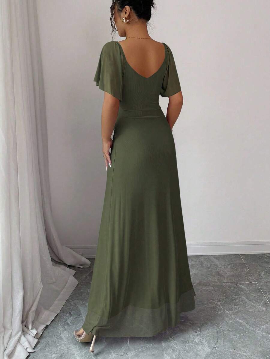 V-Neck Short Sleeve Ruched Wrap Maxi Wedding Guest Dress — photo 20