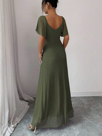 V-Neck Short Sleeve Ruched Wrap Maxi Wedding Guest Dress — photo 20