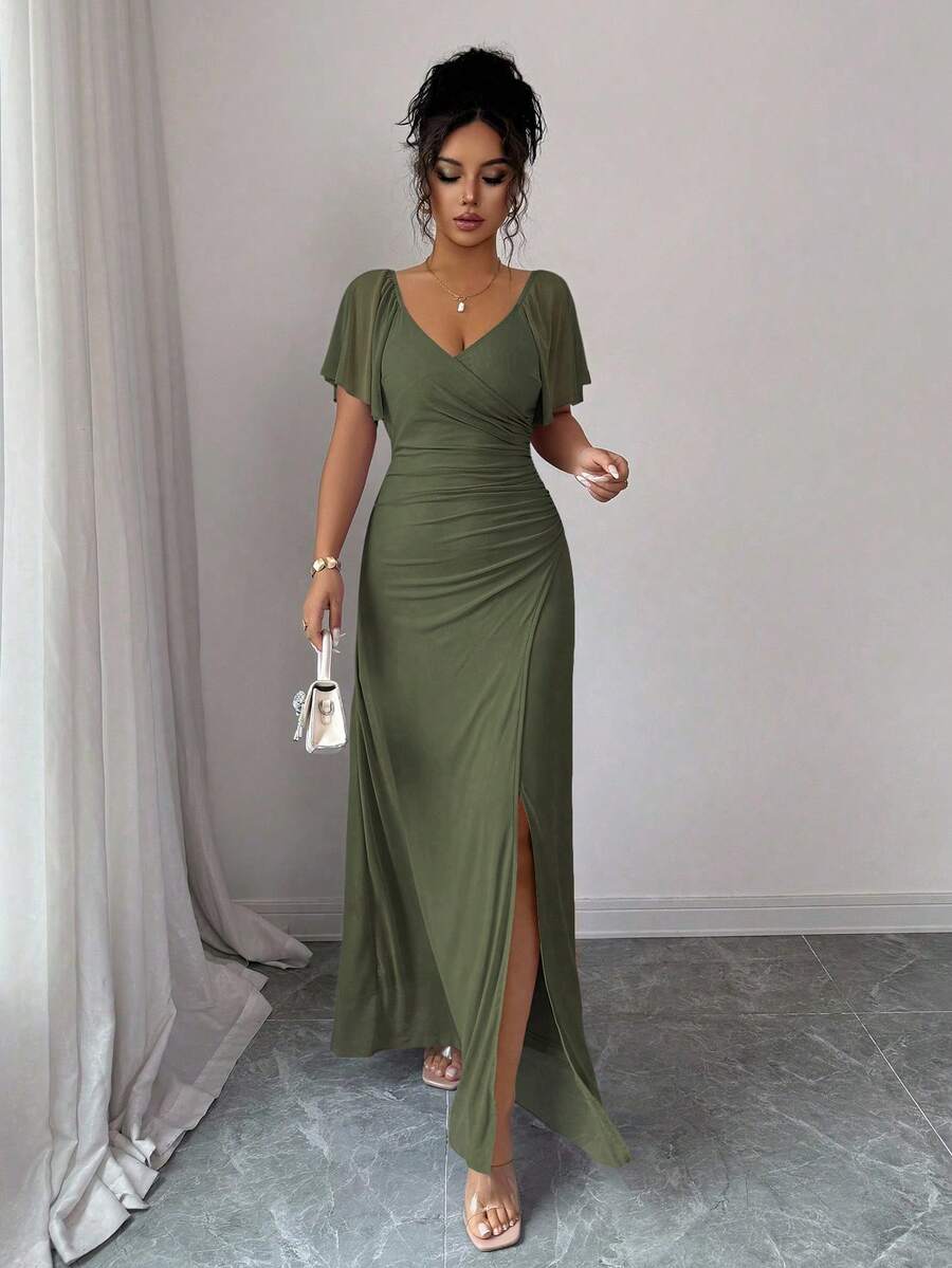 V-Neck Short Sleeve Ruched Wrap Maxi Wedding Guest Dress — photo 21
