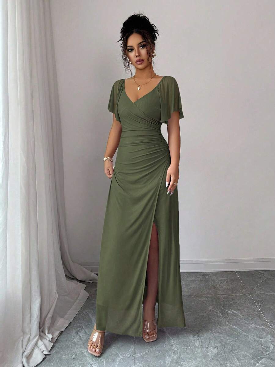 V-Neck Short Sleeve Ruched Wrap Maxi Wedding Guest Dress — photo 22