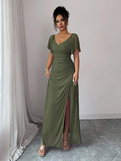 V-Neck Short Sleeve Ruched Wrap Maxi Wedding Guest Dress — photo 22