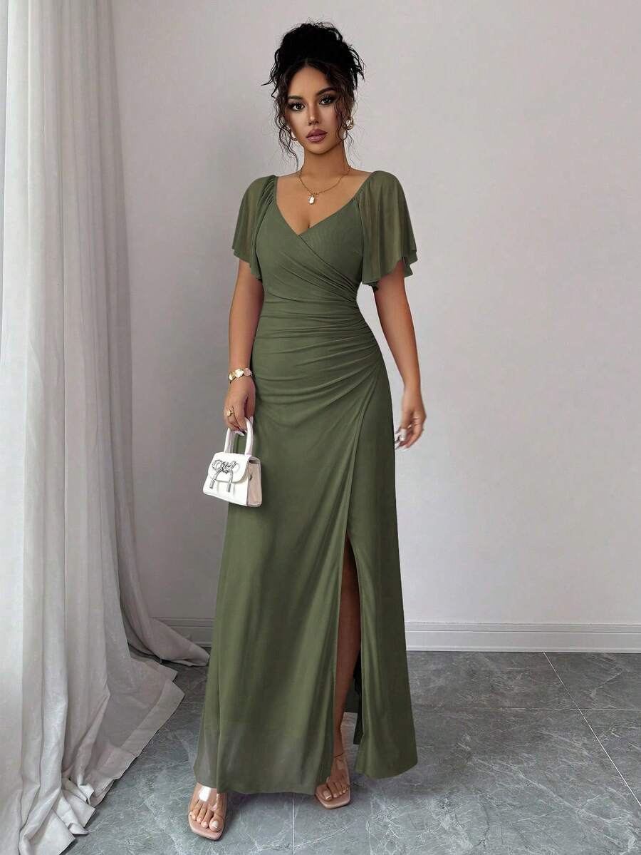 V-Neck Short Sleeve Ruched Wrap Maxi Wedding Guest Dress — photo 23