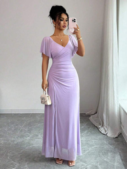 V-Neck Short Sleeve Ruched Wrap Maxi Wedding Guest Dress — photo 2