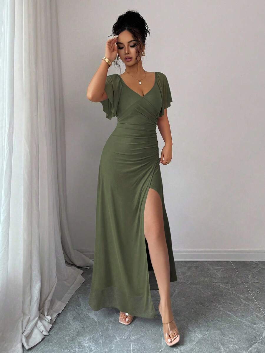 V-Neck Short Sleeve Ruched Wrap Maxi Wedding Guest Dress — photo 24