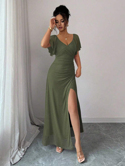 V-Neck Short Sleeve Ruched Wrap Maxi Wedding Guest Dress — photo 24
