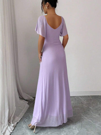 V-Neck Short Sleeve Ruched Wrap Maxi Wedding Guest Dress — photo 3