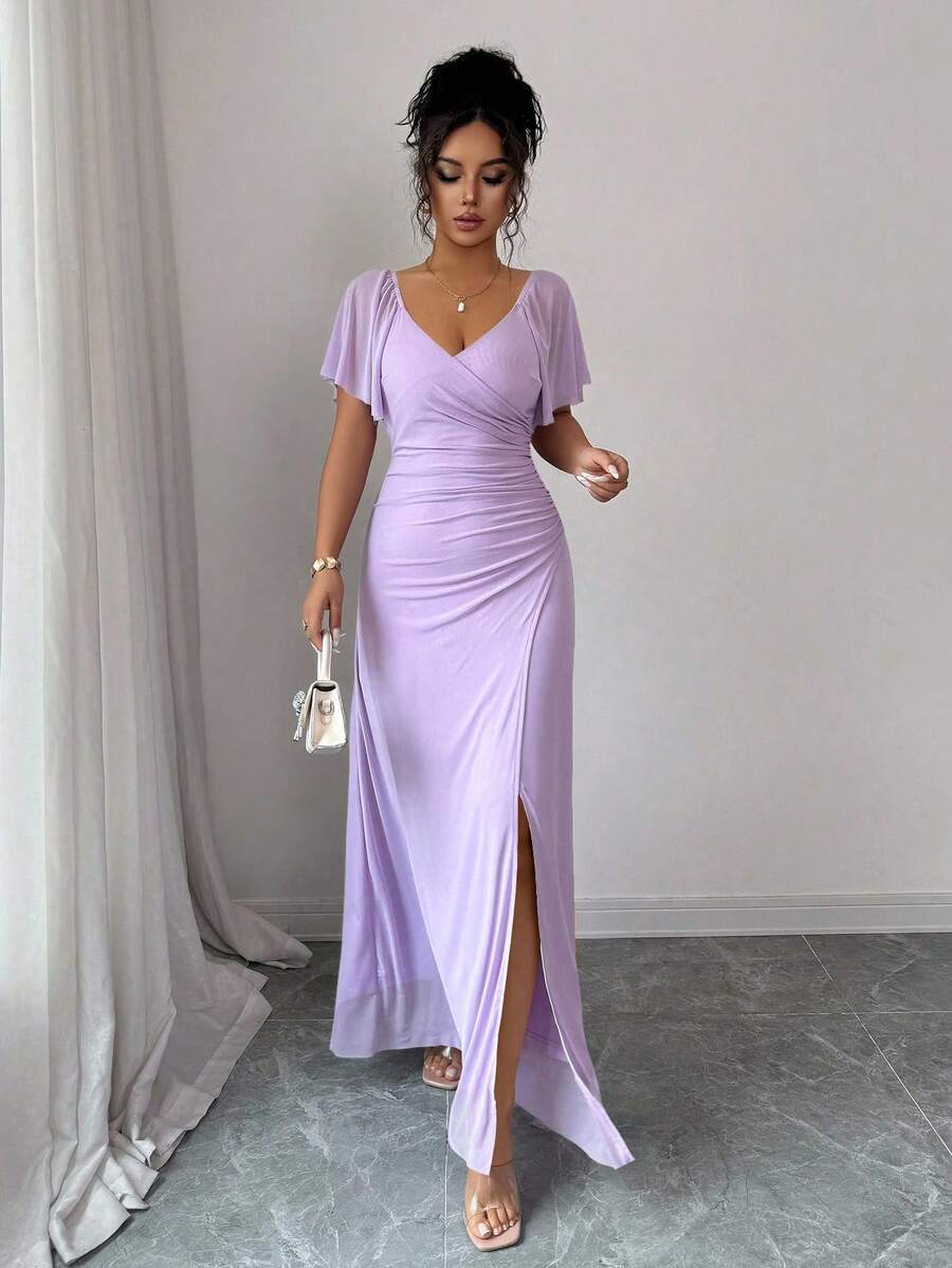 V-Neck Short Sleeve Ruched Wrap Maxi Wedding Guest Dress — photo 4