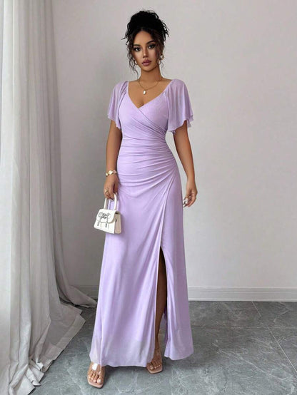 V-Neck Short Sleeve Ruched Wrap Maxi Wedding Guest Dress — photo 5
