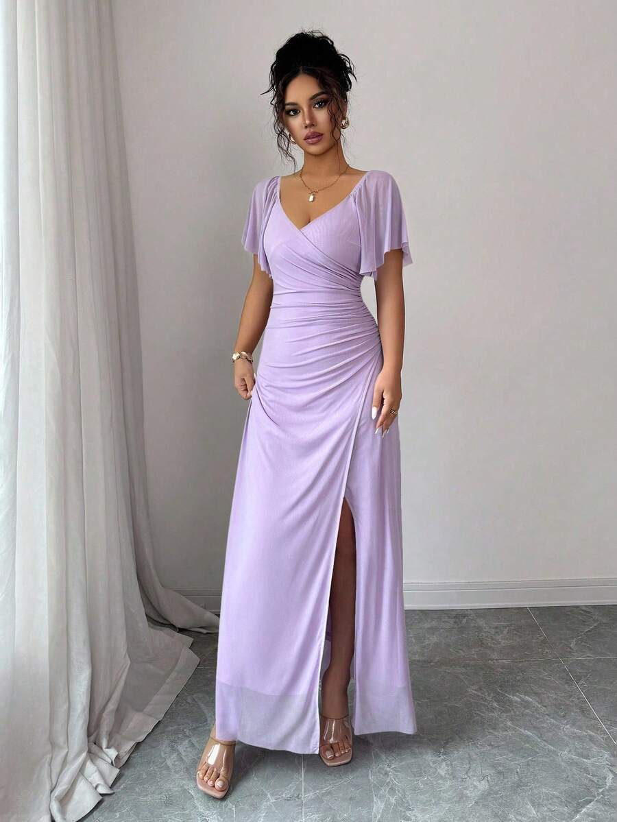 V-Neck Short Sleeve Ruched Wrap Maxi Wedding Guest Dress — photo 6