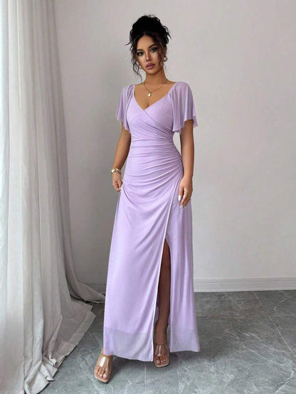 V-Neck Short Sleeve Ruched Wrap Maxi Wedding Guest Dress — photo 6