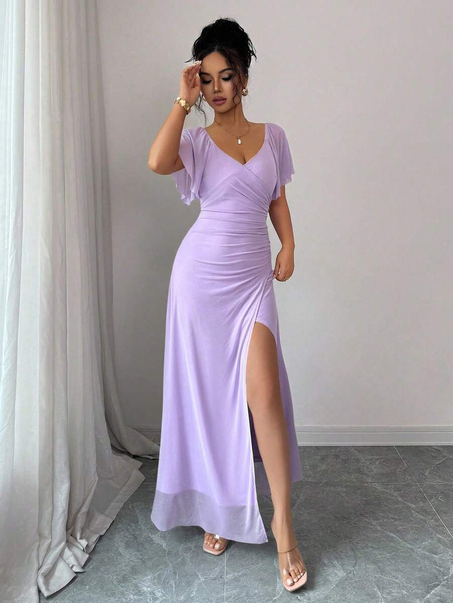 V-Neck Short Sleeve Ruched Wrap Maxi Wedding Guest Dress — photo 7
