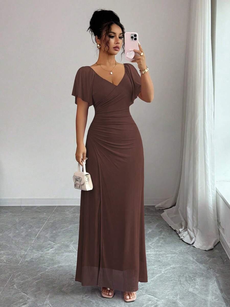 V-Neck Short Sleeve Ruched Wrap Maxi Wedding Guest Dress — photo 13