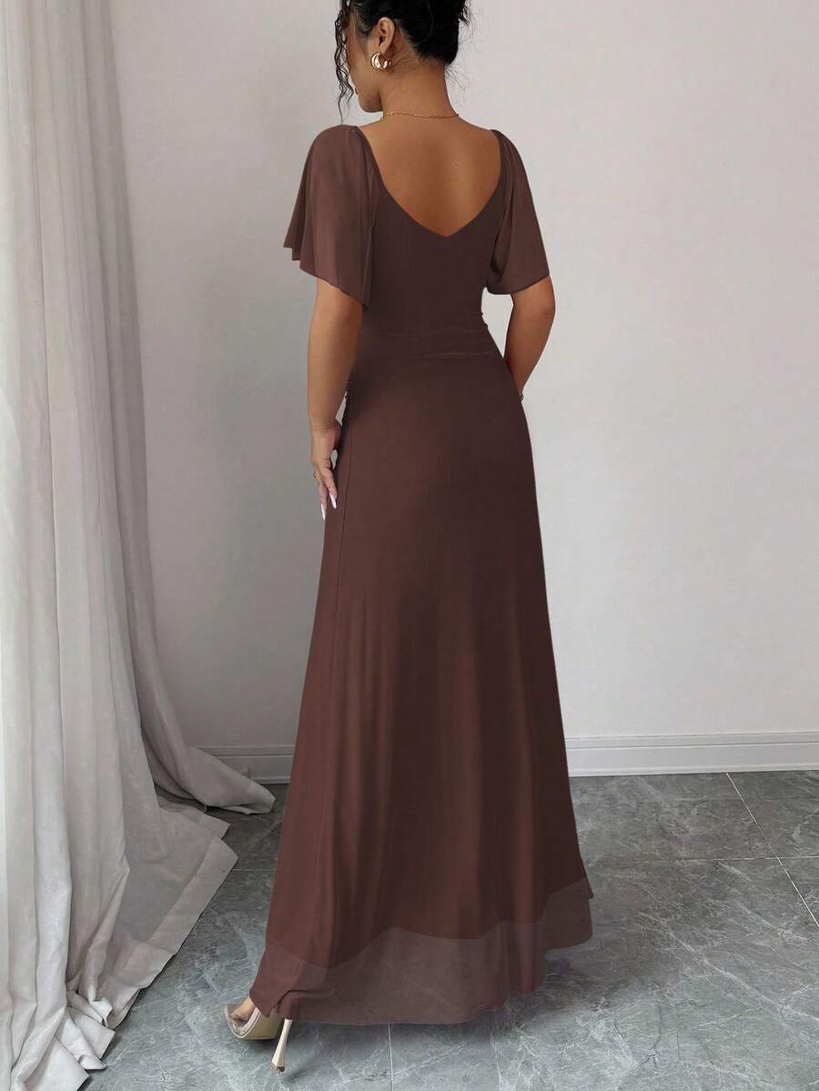 V-Neck Short Sleeve Ruched Wrap Maxi Wedding Guest Dress — photo 14