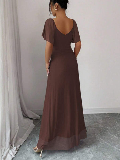V-Neck Short Sleeve Ruched Wrap Maxi Wedding Guest Dress — photo 14