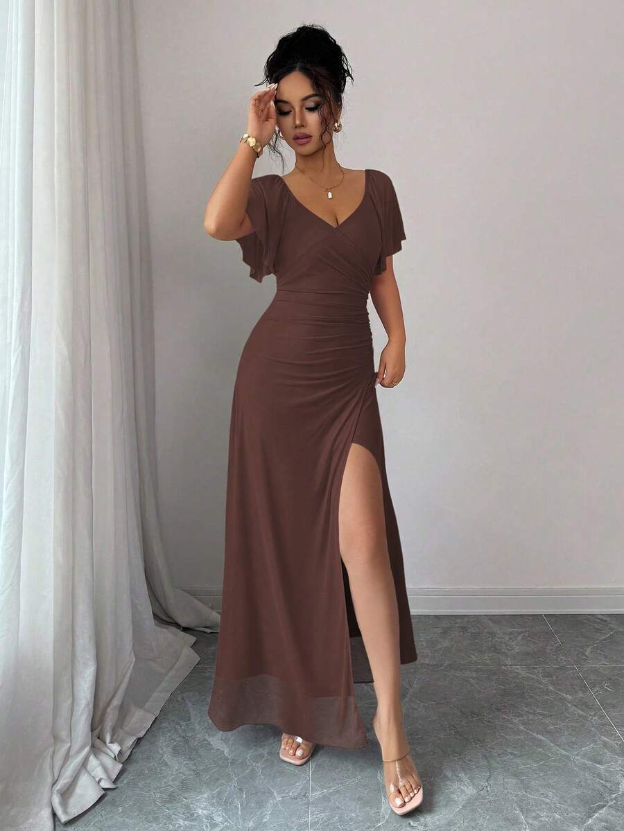 V-Neck Short Sleeve Ruched Wrap Maxi Wedding Guest Dress — photo 15