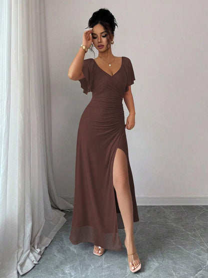 V-Neck Short Sleeve Ruched Wrap Maxi Wedding Guest Dress — photo 15