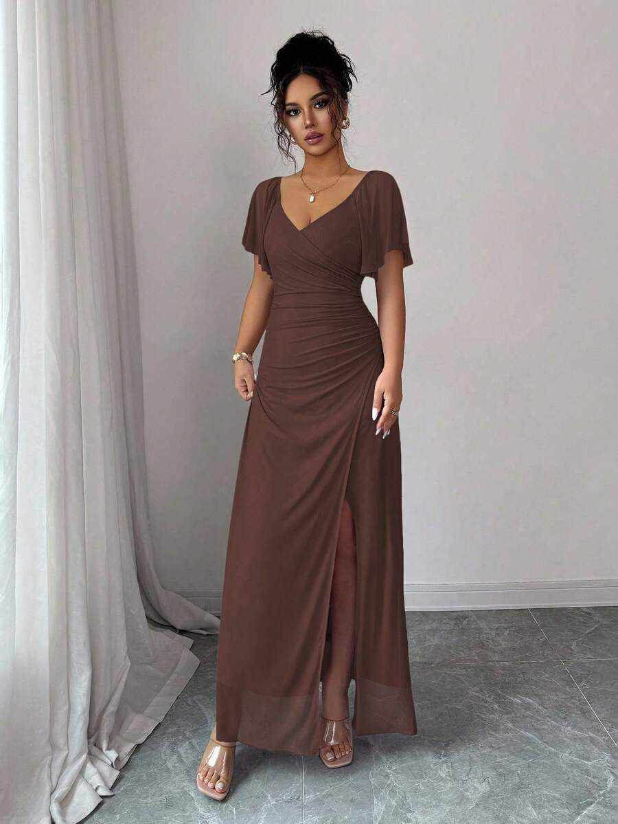 V-Neck Short Sleeve Ruched Wrap Maxi Wedding Guest Dress — photo 16