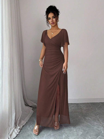 V-Neck Short Sleeve Ruched Wrap Maxi Wedding Guest Dress — photo 16