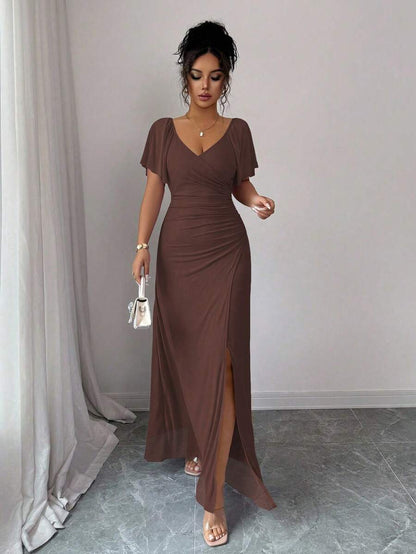 V-Neck Short Sleeve Ruched Wrap Maxi Wedding Guest Dress — photo 17