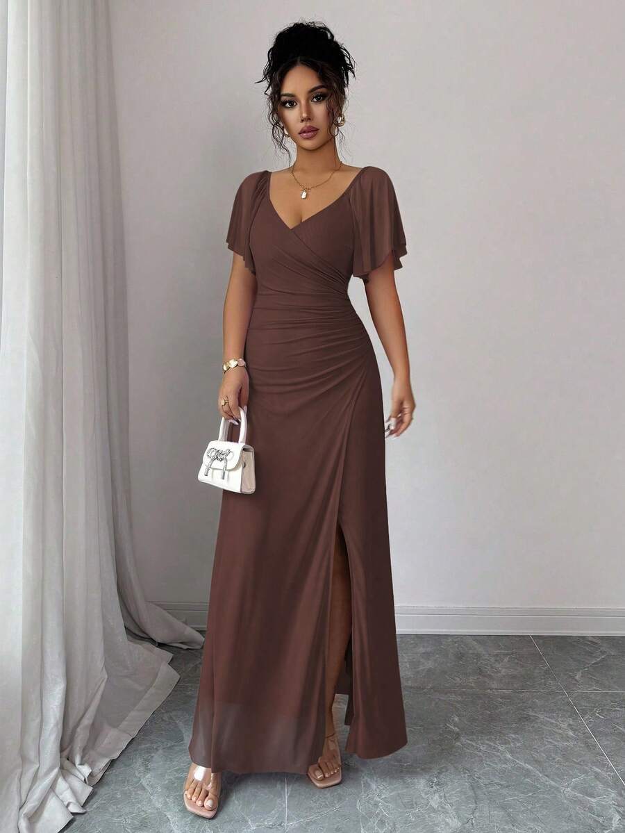 V-Neck Short Sleeve Ruched Wrap Maxi Wedding Guest Dress — photo 18