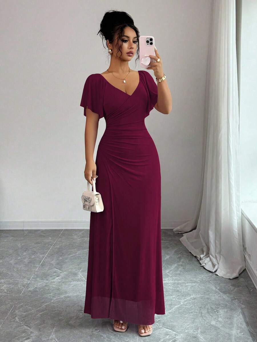 V-Neck Short Sleeve Ruched Wrap Maxi Wedding Guest Dress — photo 8