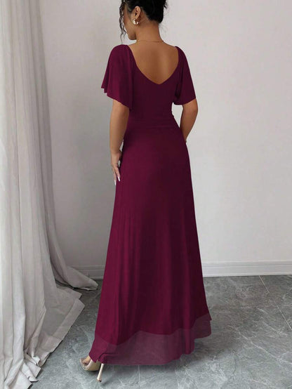 V-Neck Short Sleeve Ruched Wrap Maxi Wedding Guest Dress — photo 9